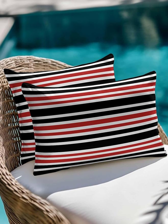 Outdoor Waterproof Throw Pillows Black Red Contrast Monochromatic Tones Patio Pillows Pack of 2,Decorative Pillow Covers with Insert,Pillow Cushion Case for Garden Couch Sofa Geometric Line
