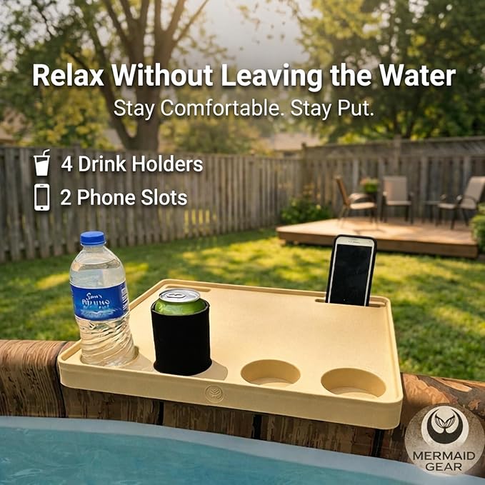 Above‑Ground Pool Table Tray with Cup Holders – Fits Intex, Coleman & Bestway Metal Frame Pools – Adjustable Drink & Snack Table with Phone Slots for Poolside Use