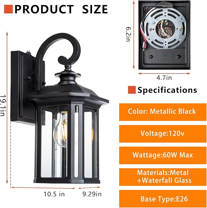 JYZ Dusk to Dawn Outdoor Wall Lighting, 19 Inch Large Exterior Porch Light Fixture, Waterproof Outdoor Wall Mount Lantern, Classic Black Sconce Lamp Outside for House Doorway Garage Patio Yard