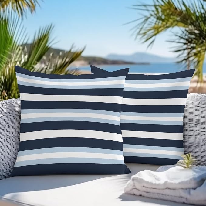 Blue Navy Striped Outdoor Pillow Covers Waterproof, All Weather Cushion Case Set of 2, Modern Ombre Abstract Lines Pattern Decorative Pillowcases for Sofa Couch Bed Decor Patio Furniture 16"x16"