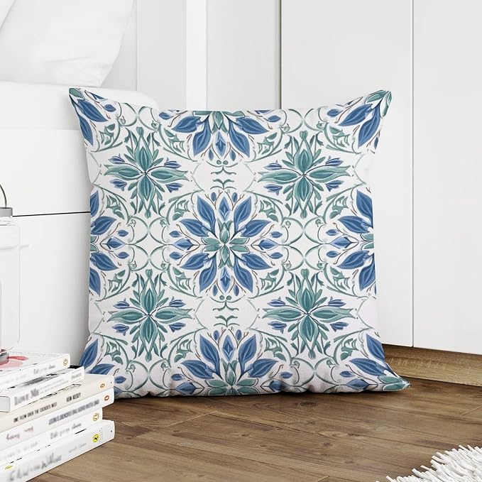 Mughal Flower Throw Pillow Covers Blue Lotus Floral Cushion Cover 16x16 INRetro Accent Farmhouse Decor Pillow for Patio Tent Couch