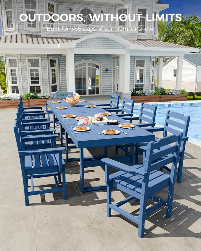 K Knowbody 12-Piece Outdoor Patio Dining Table and Chairs Set, Seats 10 | Steel-Reinforced HDPE, 100 lb/sq ft Load Capacity, 2-Inch Umbrella-Ready Tables, All-Weather, Fade-Resistant, Navy Blue