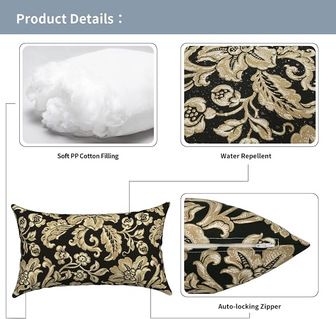 Outdoor Lumbar Pillows with Insert 12x20 Inch, Waterproof Throw Pillow for Patio Furniture, Decorative Lumbar Cushions for Garden Home Sofa Office Chair, Set of 2, Jacobean Black