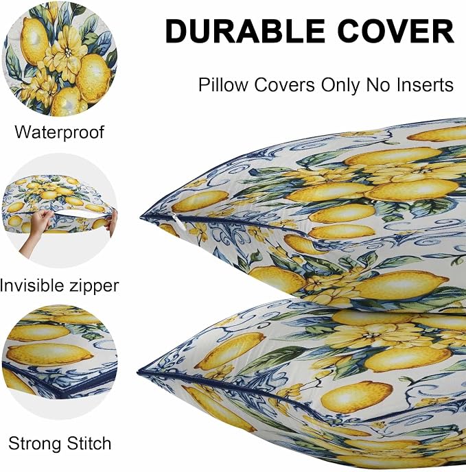 Throw Pillow Covers 16x16 Inch Set of 2, Yellow Lemon Waterproof Outdoor Cushion Covers, Middle Century Blue Italian Textured Decorative Pillowcases for Couch, Sofa, Bed, Garden, Patio