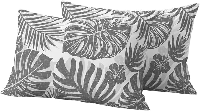 Grey Palm Leaves Outdoor Pillow Covers 20"x12" Set of 2, Tropical Botanical Minimalist Modern Waterproof Throw Pillow Covers for Patio Furniture, Decorative Cushion Covers for Porch