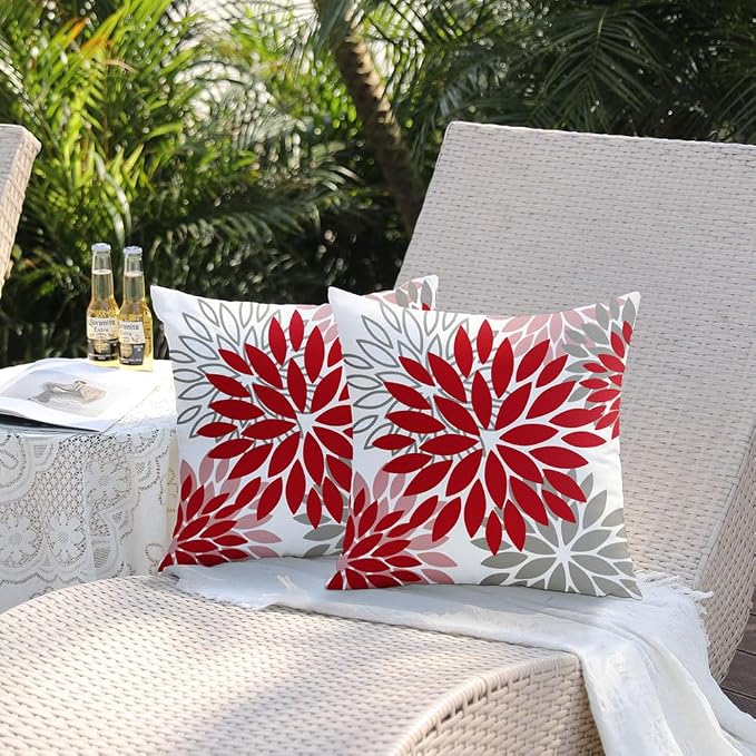 DFXSZ Outdoor Waterproof Pillow Covers 18x18 Set of 2 Red Pink Grey Flower | Spring Summer Waterproof Flower Throw Pillowcases（No Inserts）Decor for Valentines Patio Funiture Garden Polyester Covers