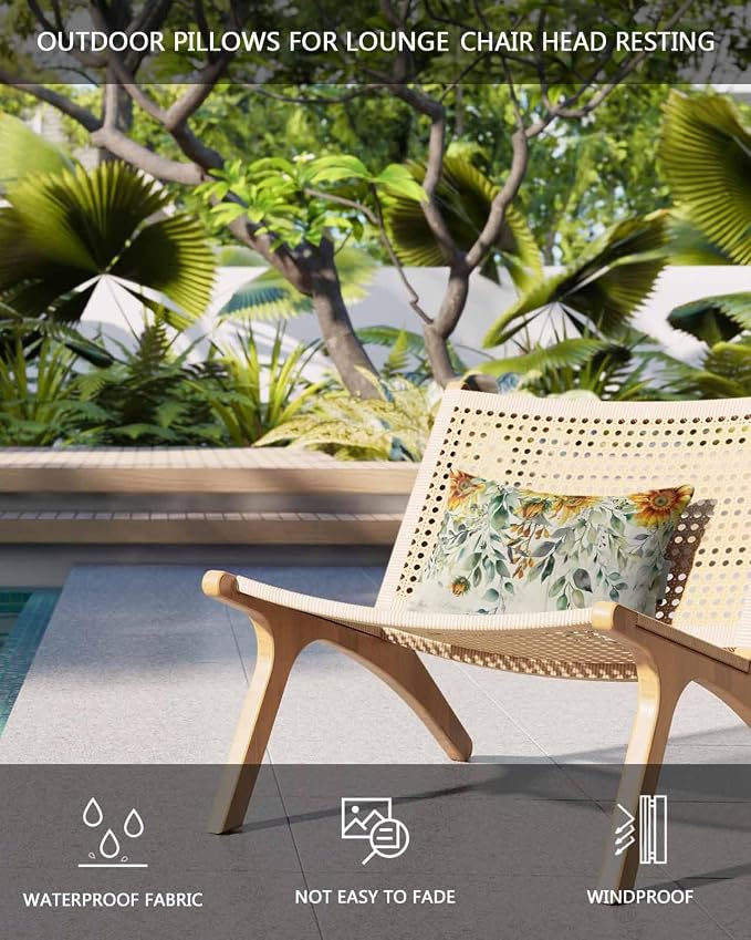 Lumbar Pillow Covers Set of 4, Sunflowers Waterproof Outdoor Chaise Lounge Pillow Covers with Elastic Strap, Spring Floral Eucalyptus Leaves Summer Botanical Headrest Pillowcase for Patio, 12 x 20