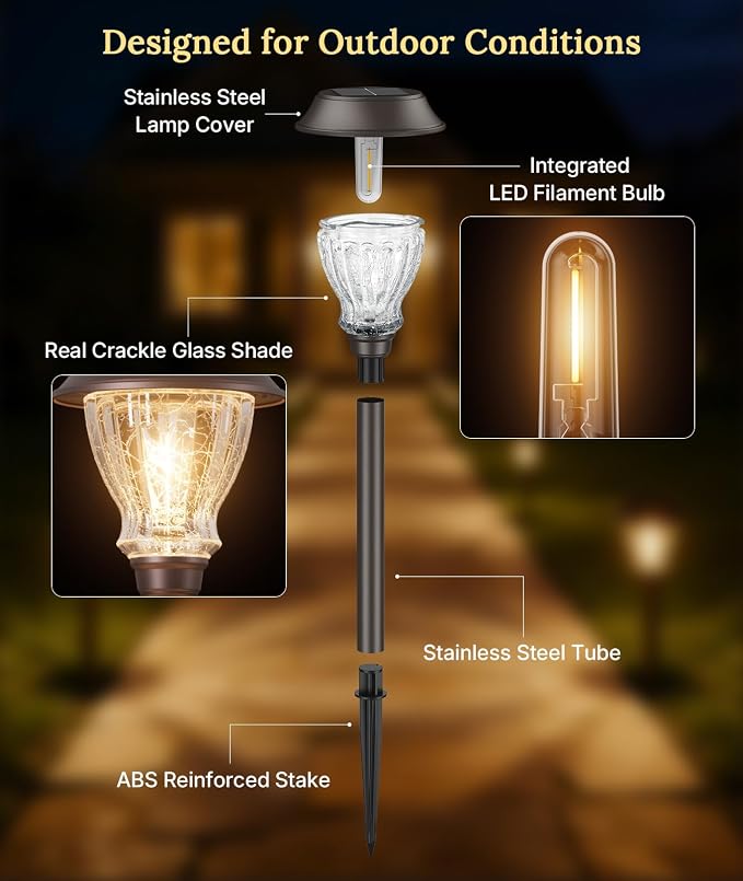 XMCOSY+ Solar Pathway Lights Outdoor, 6 Pack Warm White Landscape Lighting | Crackled Glass Solar Garden Lights, IP65 Waterproof, Soft 2700K LED, Auto On/Off Landscape Lights for Path, Yard, Walkway