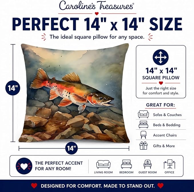 Caroline's Treasures Brook Trout Throw Pillow Machine Washable, Indoor Outdoor Decorative Pillow for Couch, Bed or Patio, 14Hx14W