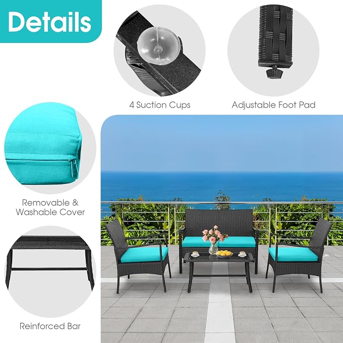 HAPPYGRILL 8 Pieces Patio Wicker Furniture Set PE Wicker Conversation Set, Rattan Sofa Chair with Cushions Tempered Glass Coffee Table, Outdoor Sectional Bistro Set for Poolside Backyard Lawn Garden