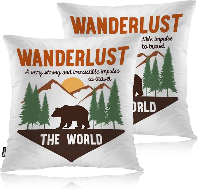 Swono Bear Cozy Pillowcase Cushion Cover, Forest Adventure Bear Wanderlust Sign Decorative Throw Pillows Covers Outdoor Pillow Case for Home Office Dorm Sofa Picnic Car 18" X 18", 2 Pack