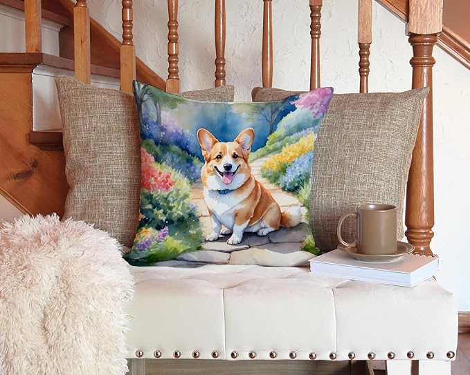 Caroline's Treasures Corgi Spring Path Throw Pillow Machine Washable, Indoor Outdoor Decorative Pillow for Couch, Bed or Patio, 14Hx14W