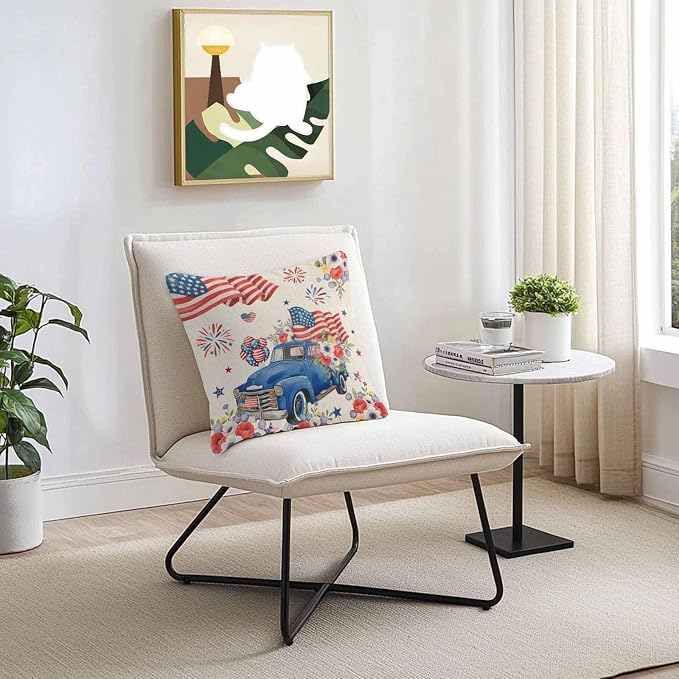 Independence Day Outdoor Pillow Covers Set of 2,Farm Truck USA Flag Poppy Decorative Waterproof Throw Pillow Case Retro Patriotic Fireworks Cotton Linen Soft Cozy Cushion Pillowcases 20x20In
