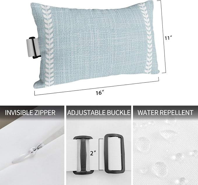 Coastal Blue Outdoor Lumbar Pillows 11x16 Set of 2, Modern Bohemia Simple Plants Lines Pattern Waterproof Throw Pillow Covers with Insert, Decorative Pillowcase Cushion for Couch Sofa Bed