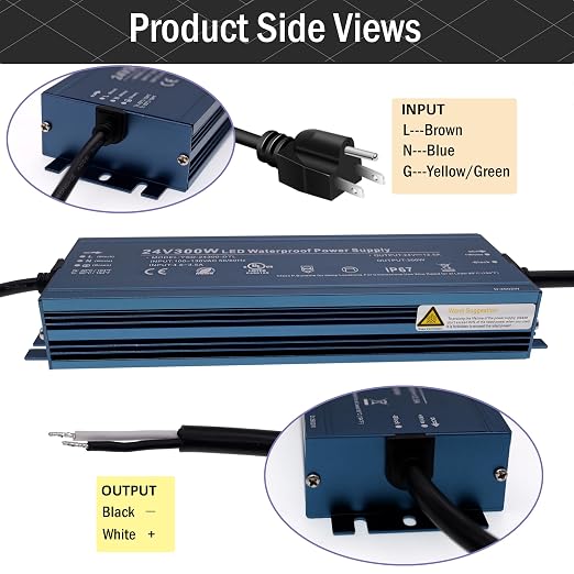 24V 300W UL Listed LED Power Supply with 3.28ft US Standard Plug Wire | Waterproof IP67 Low Voltage Transformer, 100V-130V AC to 24V DC Converter, for DC24V LED Lighting Products