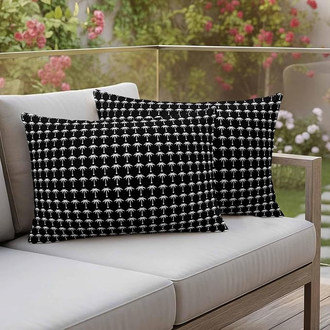Palm Trees Outdoor Pillow Covers 20"x12" Set of 2, Summer Vintage Nautical Coastal Beach Ocean Black Tree Waterproof Throw Pillow Covers for Patio Furniture, Decorative Cushion Covers for Porch