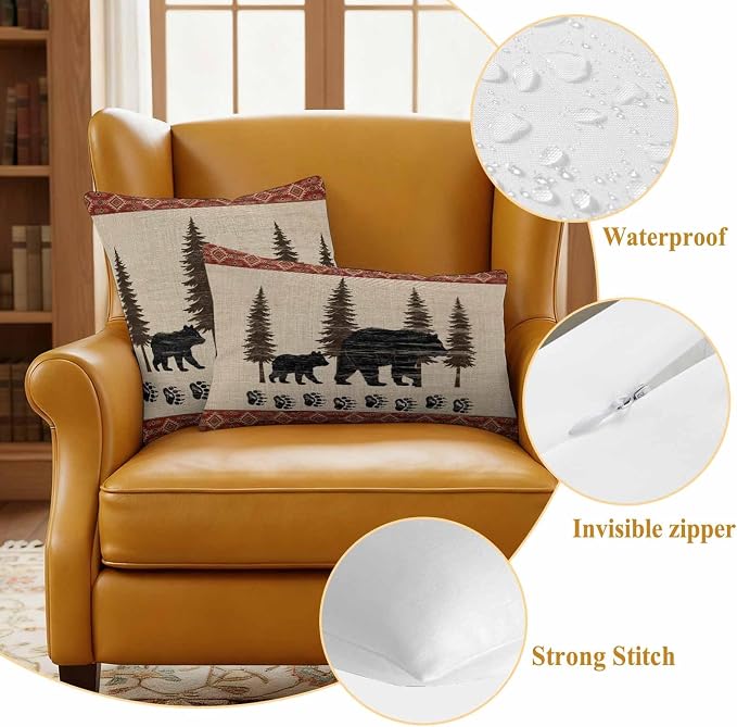 Bear Outdoor Waterproof Throw Pillow Covers 24 x 24 Inches Set of 2 Pine Forest Nature Bear Nature Vintage Boho Decorative Cushion Cover Pillowcase for Garden Patio Tent Beach Livingroom Sofa Couch