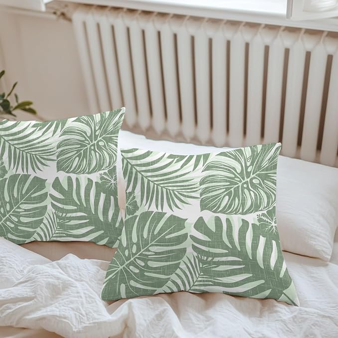 Green Palm Leaves Outdoor Pillow Covers 20"x20" Set of 2, Tropical Botanical Minimalist Modern Waterproof Throw Pillow Covers for Patio Furniture, Decorative Cushion Covers for Porch