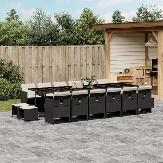 Afuera Living Contemporary Patio Dining Set, Powder-Coated Finish, Black/Cream White, Seats 16, UV-Resistant Waterproof Materials, Foldable, Removable Cushion Covers, Outdoor Use for Garden or Terrace