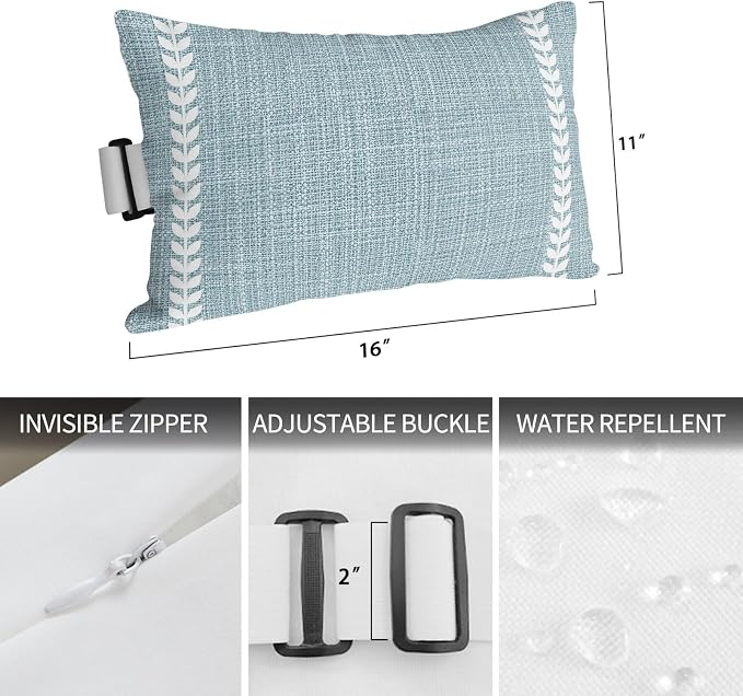 Simple Blue Outdoor Lumbar Pillow 11x16 Inch, Vintage Country Vertical Striped Linen Texture Waterproof Throw Pillow Covers with Insert, Decorative Chair Cushions for Patio Garden Recliner