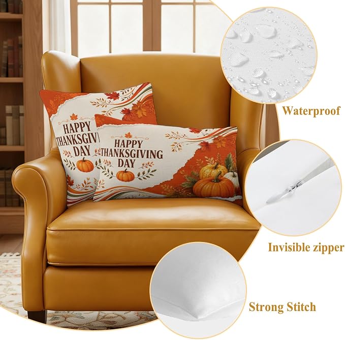 Fall Thanksgiving Waterproof Outdoor Pillow Covers 20''x20'' Set of 2, Maple Leaves Orange Pumpkins Patio Furniture Cushion Covers for Chairs, Decorative Farmhouse Pillow Cases for Garden/Pool/Beach