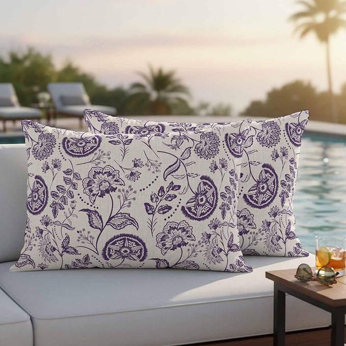 Outdoor Pillow Covers 20x12 Set of 2, Purple Spring Floral Waterproof Patio Throw Pillow Covers for Couch Sofa Chair, Summer Botanical Farmhouse Decorative Pillowcases for Throw Pillows