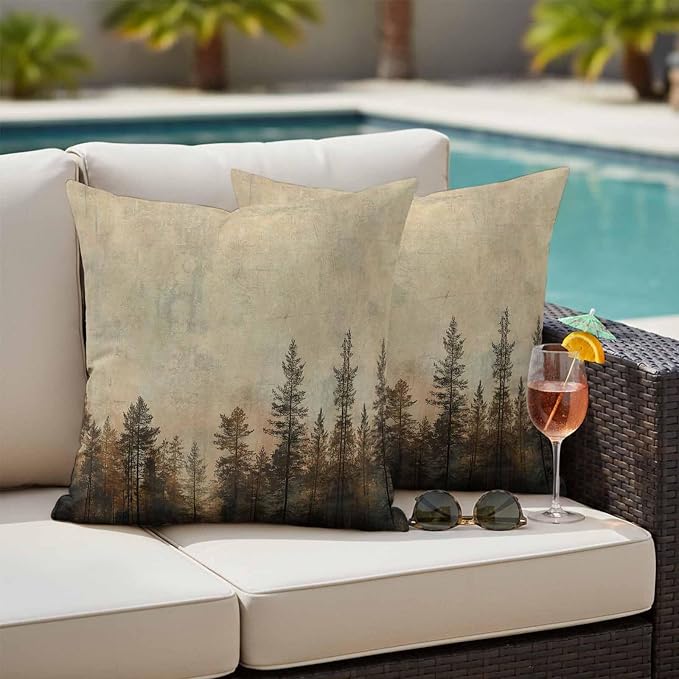 Outdoor Waterproof Pillow Covers 16x16Inch Vintage Forest Pine Tree Plant Throw Pillowcases for Patio Garden Couch Sofa Retro Natural Wild Scenery Decorative Cushin Case,Pack of 2