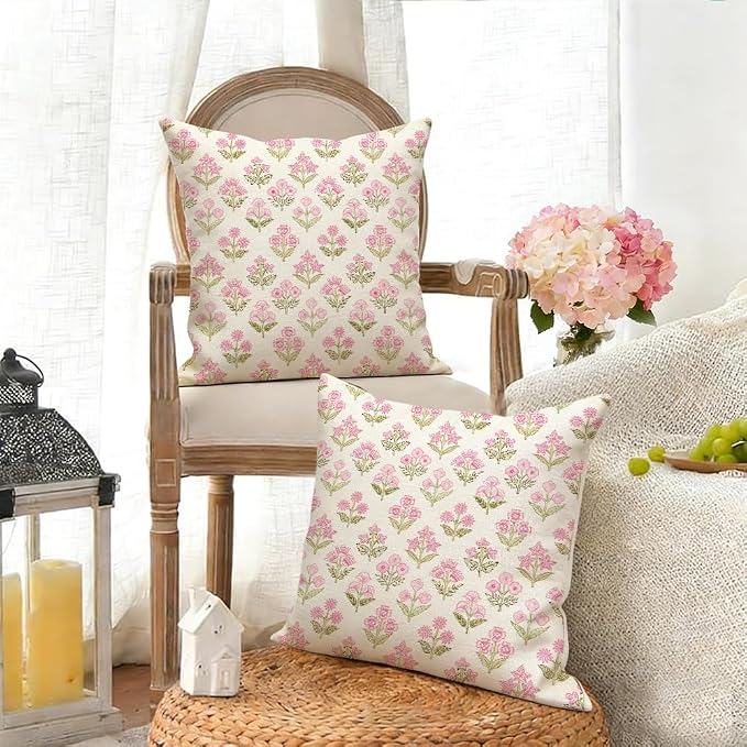 RABUSOFA Pink Vintage Floral Summer Pillow Covers Set of 2,Seasonal Flower Oudtdoor Decorative Throw Cuchion Cases Spring Summer Decorations for Home Patio Couch Decor 16x16 Inch