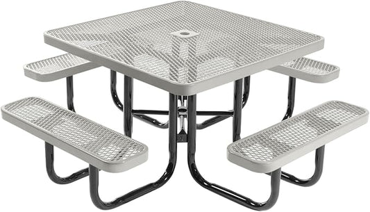 COATEDOUTDOORFURNITURE Heavy-Duty Portable Outdoor Picnic Table with Umbrella Hole, Expanded Metal Commercial-Grade Patio Dining Furniture Made in America (46" Square Top, Grey)