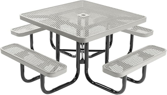 COATEDOUTDOORFURNITURE Heavy-Duty Portable Outdoor Picnic Table with Umbrella Hole, Expanded Metal Commercial-Grade Patio Dining Furniture Made in America (46" Square Top, Textured Grey)