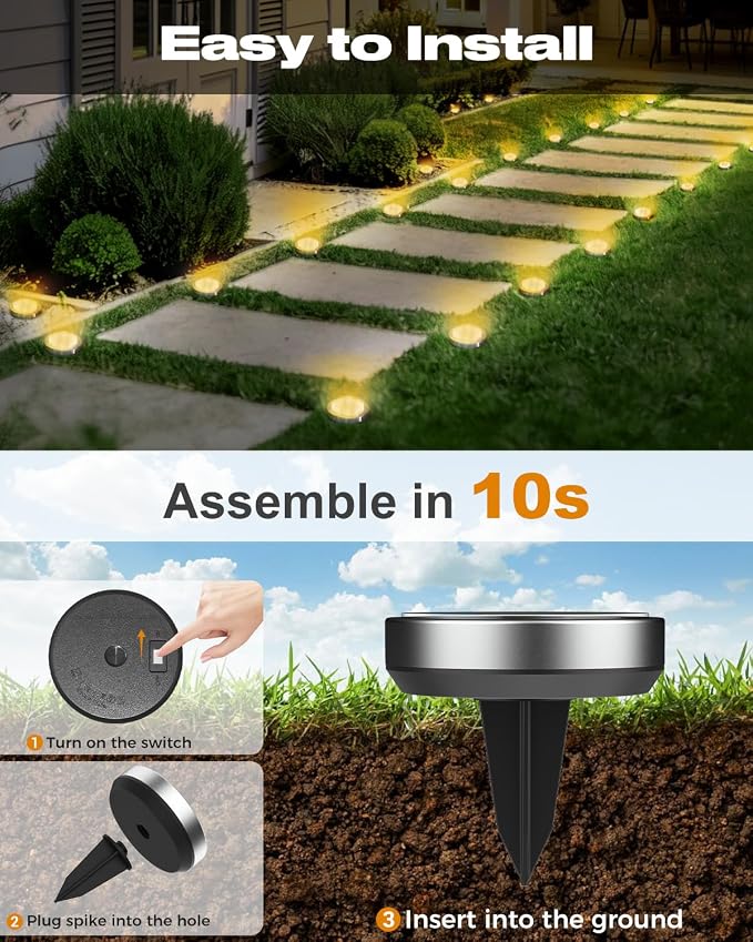 btfarm 16 Pack Solar Lights Outdoor, 8 LED Solar Ground Lights IP65 Waterproof Flat Solar Disc Light, Pathway Lights for Garden Lawn Patio Yard Path Landscape, Warm White
