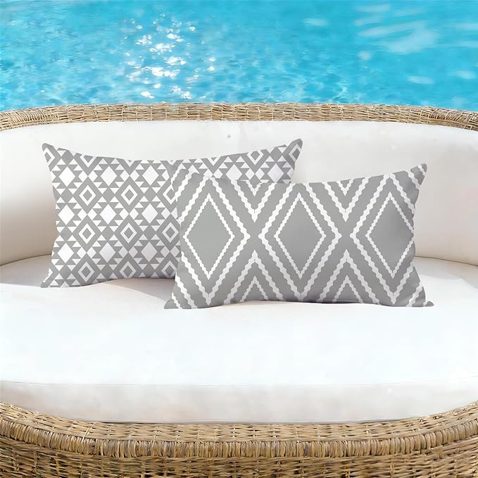 NIGHTWISH Outdoor Waterproof Pillow Covers 12x20 Set of 4 Gray Modern Geometry Decorative Outdoor Throw Pillows Boho Cushion Cases for Patio Furniture Bench Couch Sunbrella