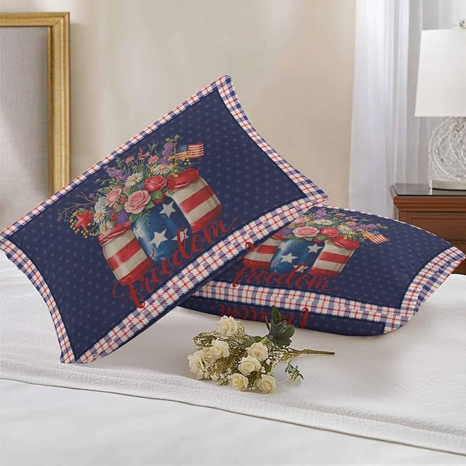 Waterproof Throw Pillow Covers, Independence Day Daisy Flower Tulip American Flag Star Blue Red Plaid Decorative Pillowcase Soft Cushion Case for Patio Couch Tent Balcony, Set of 2 Rectangle, 20"X12"
