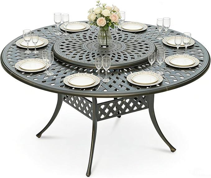MEETWARM Outdoor 61" Round Patio Dining Table with Detachable Lazy Susan, All Weather Cast Aluminum Large Patio Furniture Table Set for 8 Seat with 31" Rotating Tray, Umbrella Hole, Dark Bronze