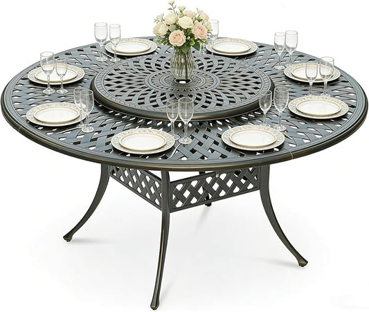 MEETWARM Outdoor 61" Round Patio Dining Table with Detachable Lazy Susan, All Weather Cast Aluminum Large Patio Furniture Table Set for 8 Seat with 31" Rotating Tray, Umbrella Hole, Dark Bronze