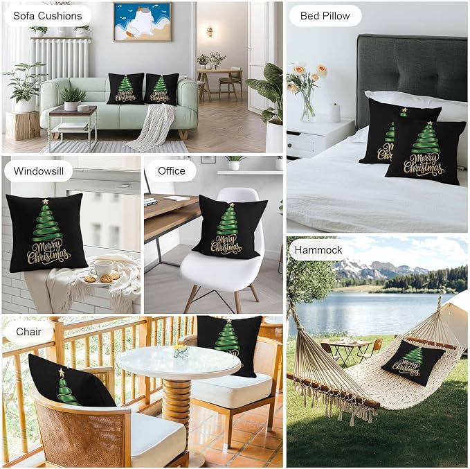 Black Christmas Tree Outdoor Pillow Covers 20 x 20 Inches, Green Xmas Tree with Star Waterproof Throw Pillow Cover Set of 2, Christmas Black Decorative Square Cushion Covers for Patio/Couch