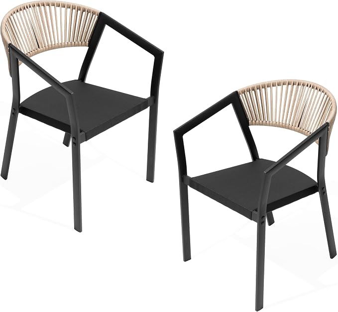 Outdoor Dining Chairs Set of 2 Aluminum Stackable Patio Chairs | Wicker Barrel Backrest Armchairs for Patio, Deck, Backyard, Brown