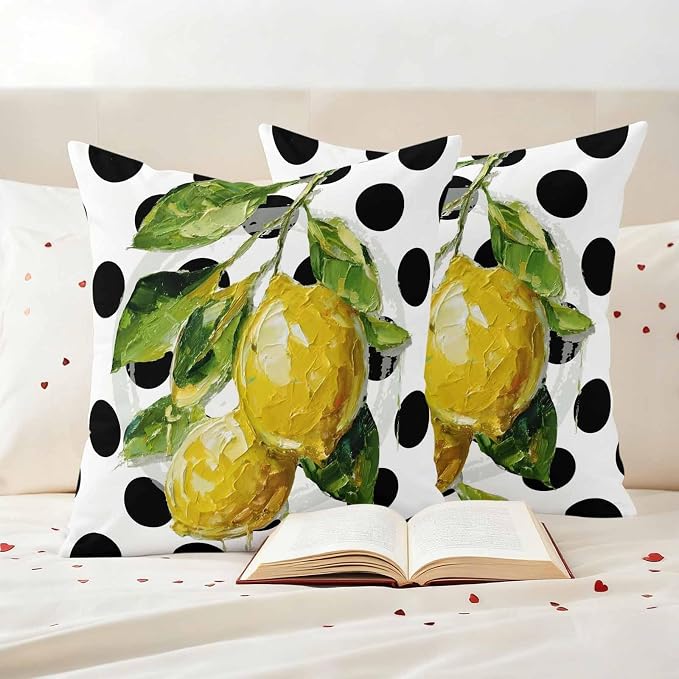 Waterproof Pillow Covers Set of 2,Summer Lemon Polka Dot Outdoor Pillow Protectors with Zipper Pillowcases for Patio Tent Garden Beach 24x24 Inches Country Fruit Oil Painting Style