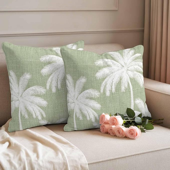 Outdoor Pillow Covers 26x26 Inch Set of 2, Sage Green Palm Trees Waterproof Throw Pillow Covers, Farmhouse Tropical Summer Beach Decorative Cushion Pillowcases for Couch, Sofa, Bed, Garden, Patio