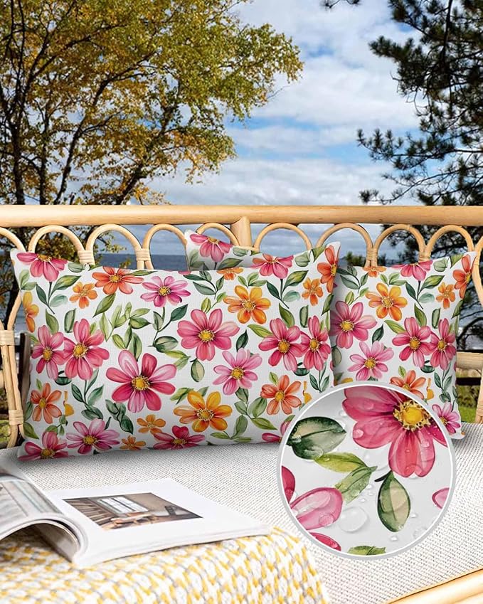 Outdoor Waterproof Throw Pillows Spring Watercolor Wild Flower Patio Pillows Pack of 2,Decorative Pillow Covers with Insert,Pillow Cushion Case for Garden Couch Sofa Country Small Pink Flower