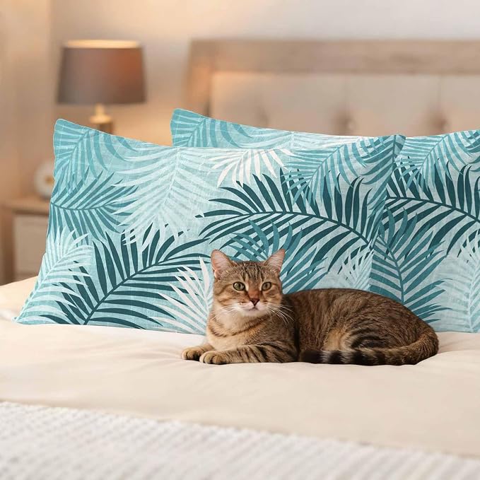 Outdoor Waterproof Throw Pillow Covers, Teal Palm Leaves Decorative Pillow Cases, Summer Botanical Tropical Leaf Couch Pillow Protector Patio Sofa Cushion Covers Replacement 20"x12" 2 Pack