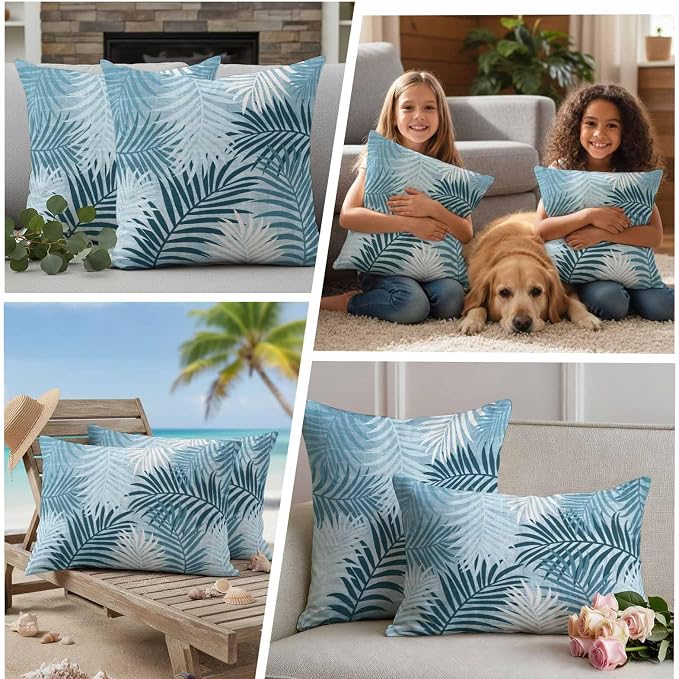Outdoor Waterproof Throw Pillow Covers, Blue Teal Palm Leaves Decorative Pillow Cases, Summer Botanical Tropical Leaf Couch Pillow Protector Patio Sofa Cushion Covers Replacement 26"x26" 2 Pack