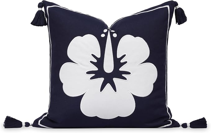 Hofdeco Premium Coastal Patio Outdoor Performance Pillow Cover Only, 18"x18" Water Repellent, UV and Fade Resistant for Backyard, Couch, Dark Navy Blue Embroidered Hibiscus Floral with Tassels