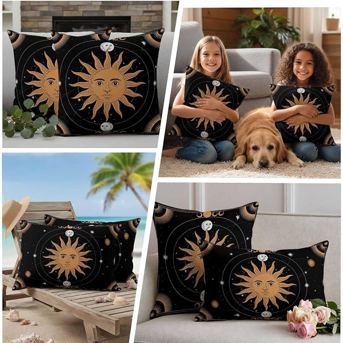 Celestial Sun and Moon Waterproof Outdoor Pillow Covers Set of 2 Home Decor, Black Sky Gold Star Boho Pillowcase Patio Pillow Covers for Couch Bench Patio Furniture Garden 24x24in