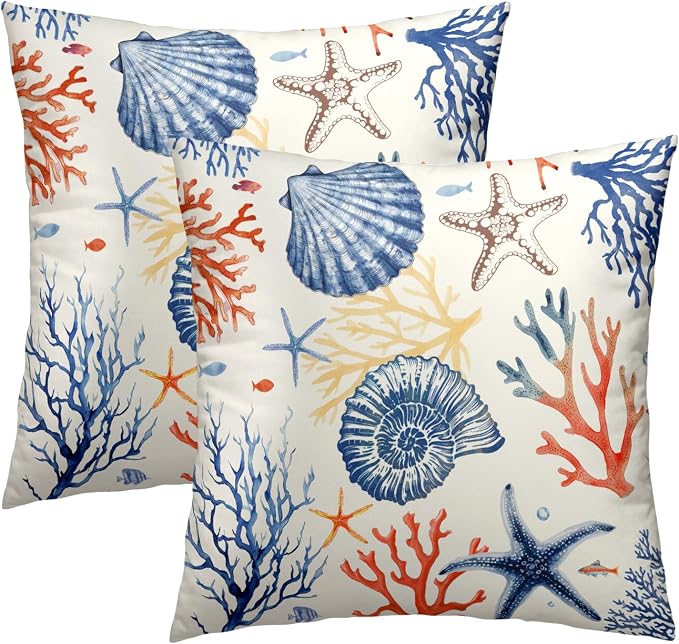 Nautical Coastal Throw Pillow Covers 20x20 Set of 2, Summer Ocean Beach Coral Decorative Pillow Cases Cotton Cushion Cover for Home Sofa Couch Wedding Anniversary Decor