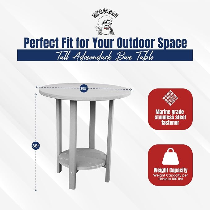 Phat Tommy Round Bar Height Patio Table - Outdoor Bar Table - Balcony Height Patio Furniture for Your Deck - Poly Outdoor Furniture, Grey