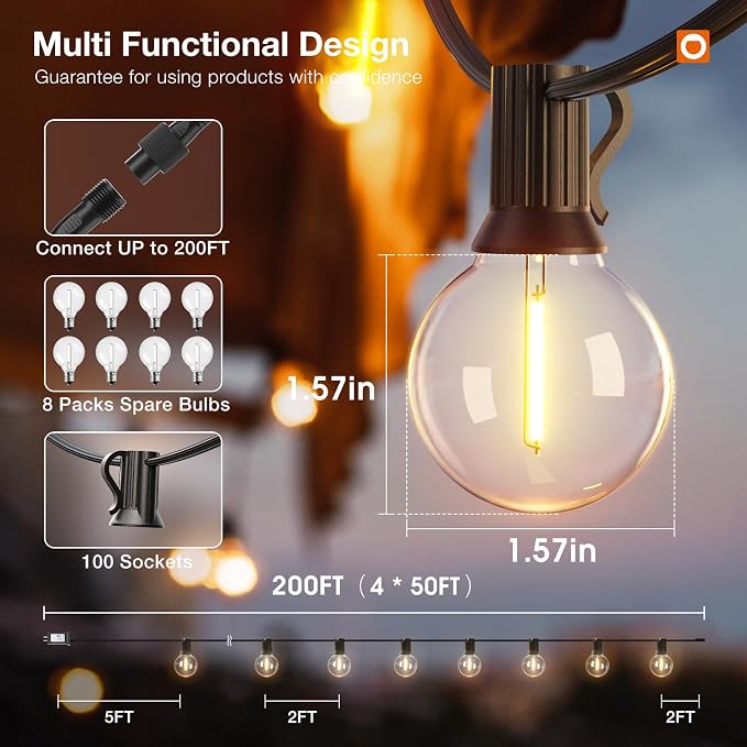 addlon 200FT Outdoor String Lights G40 with Remote Control Dimmable Patio Globe LED 108 Bulbs Waterproof Shatterproof, Hanging Outside Lighting for Backyard Garden, Deck, Balcony, Porch, Café, Bristo