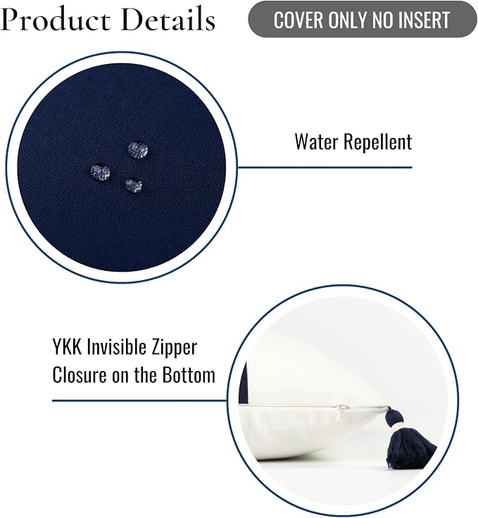 Hofdeco Premium Coastal Patio Outdoor Performance Lumbar Pillow Cover Only, 12"x20" Water Repellent, UV and Fade Resistant for Backyard, Couch, Dark Navy Blue Color Block with Tassels