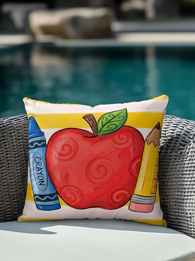 1 Pack Outdoor Throw Pillow, Children's Day Waterproof Pillow with Insert Included, Funny Cartoon Pencil Yellow Striped Decorative Accent Cushion Sofa Pillows for Patio Porch, 18 x 18 in
