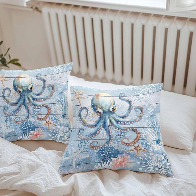 Coastal Octopus Waterproof Outdoor Pillow Covers Set of 2 Home Decor, Nautical Sea Starfish Coral Wooden Grain Pillowcase Patio Pillow Covers for Couch Bench Furniture Garden 18x18in